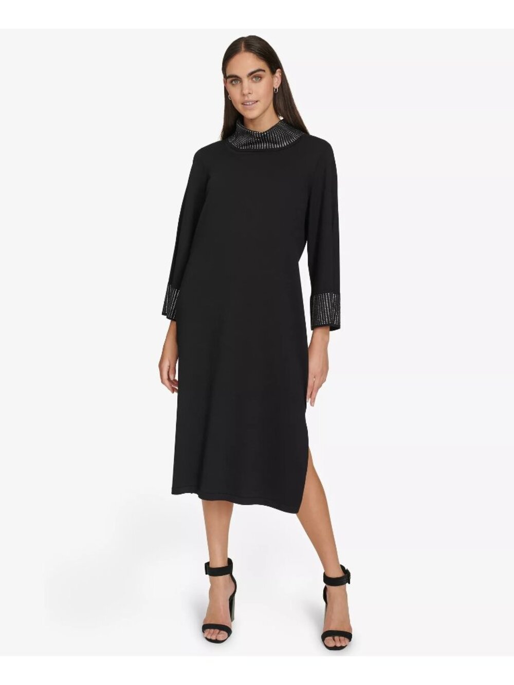 Calvin Klein Sheath Dress Small Mock Neck Embellished Long Sleeve Rhinestone NEW